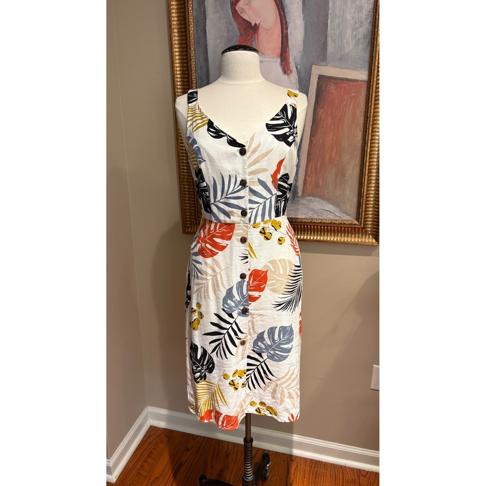 Monteau Los Angeles Tropical Palm Print Linen Blend Button Front Midi Dress M